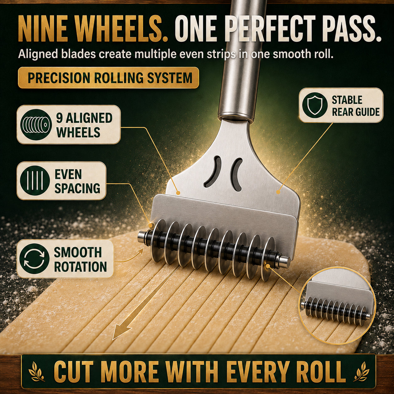 Buy 1 Get 1 Free🍝 Perfect Homemade Noodles in One Smooth Roll! 9-Wheel Stainless Steel Noodle & Dough Cutter ✨