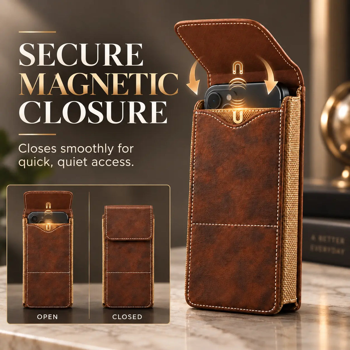 Secure magnetic closure on men's waist phone pouch