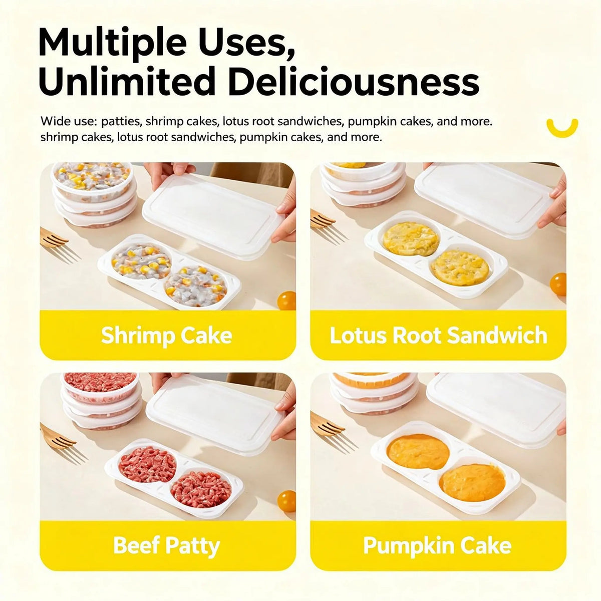 Multiple foods prepared using round freezer portion containers