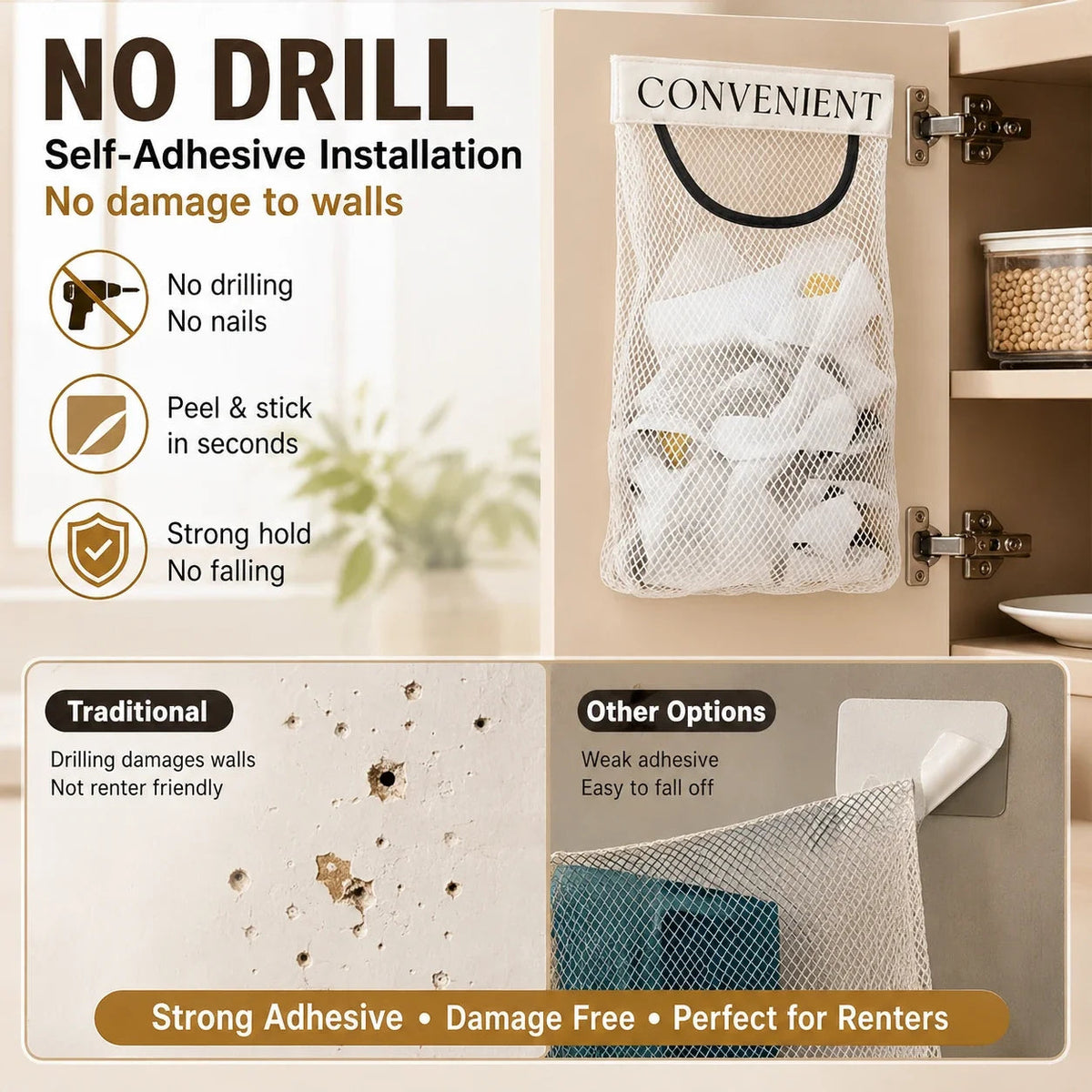 🧹 Declutter Any Space in Seconds! No-Drill Hanging Mesh Storage Bag & Wall Organizer ✨