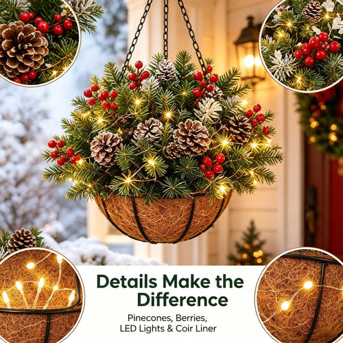 Pre-Lit Christmas Hanging Basket | Artificial Pine & Berry Porch Decor