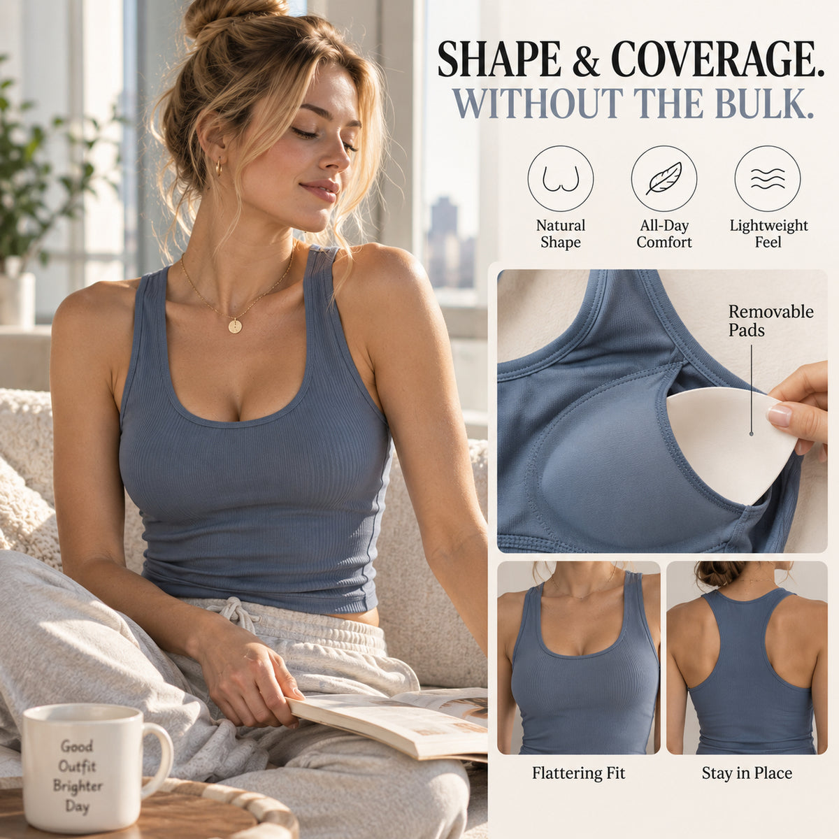 ✨Buy three get one free 👚Built-In Bra Ribbed Tank Top — Supportive, Flattering & No Extra Bra Needed