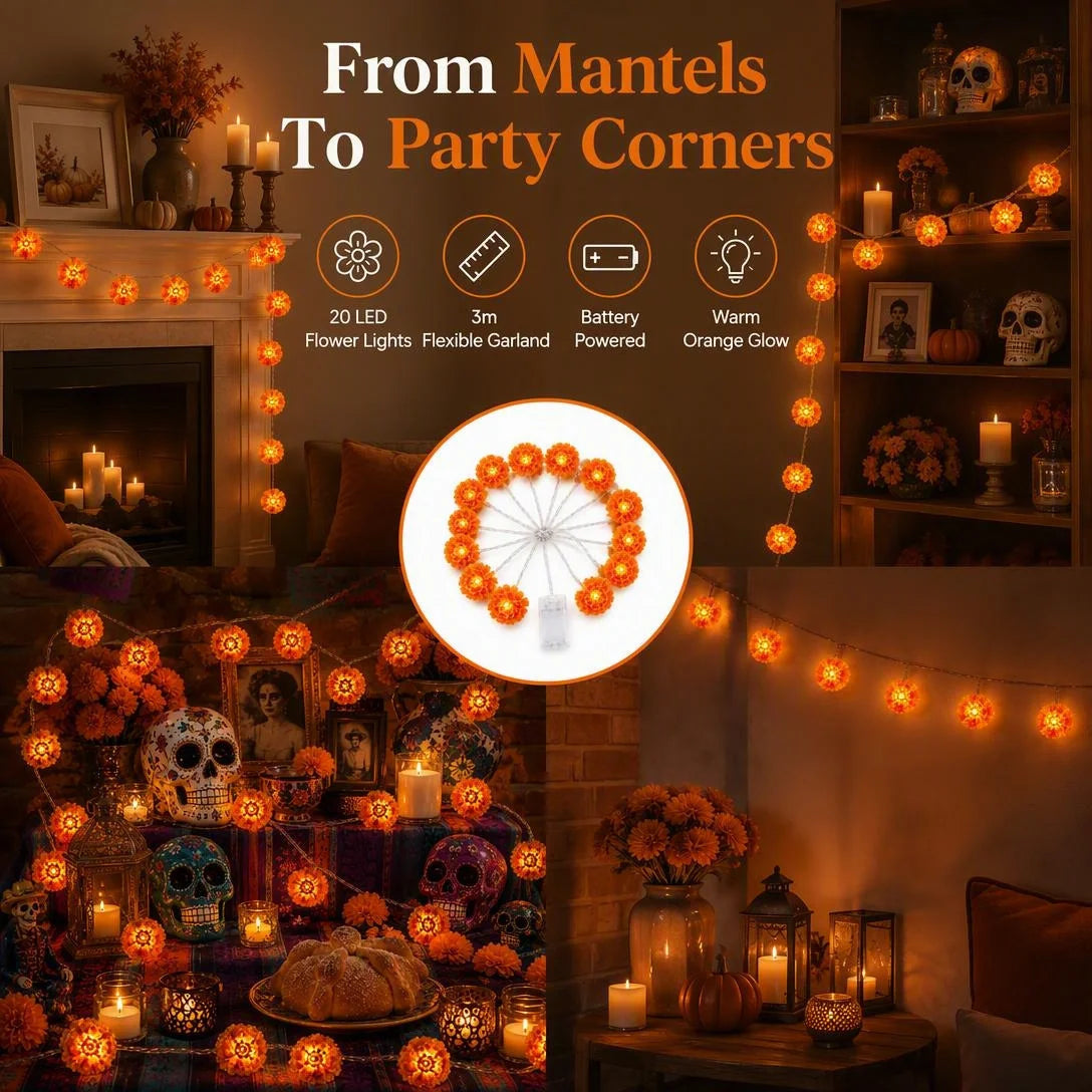 🌼 Illuminate Your Ofrendas with Warmth! Marigold LED Memorial String Lights✨