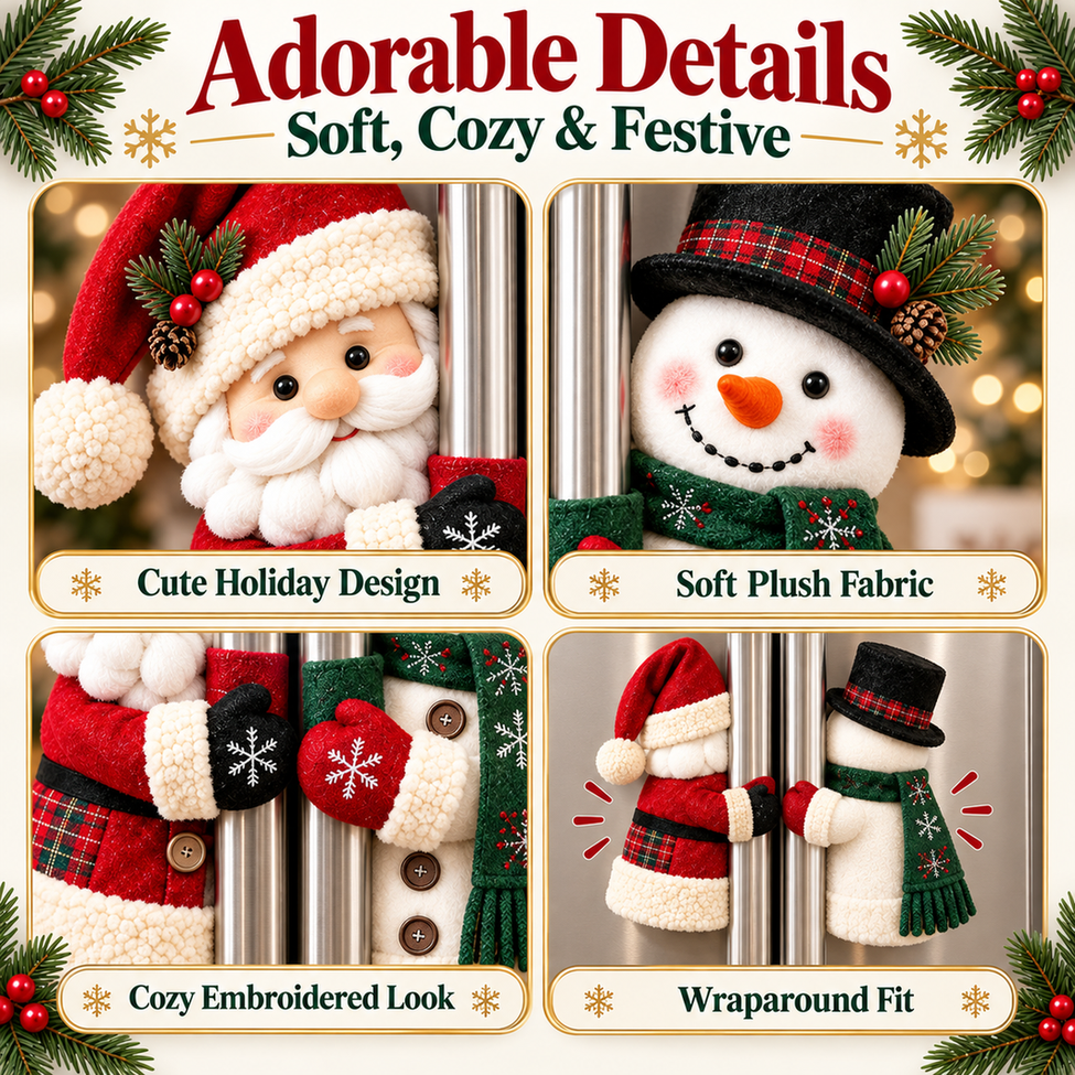 Close-up details of plush Santa and Snowman Christmas handle decorations