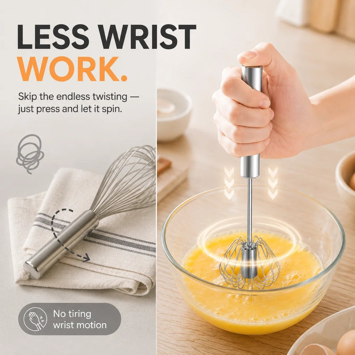 🥚 Hand-Push Rotary Whisk – Stainless Steel Spin Mixer for Eggs, Coffee & More