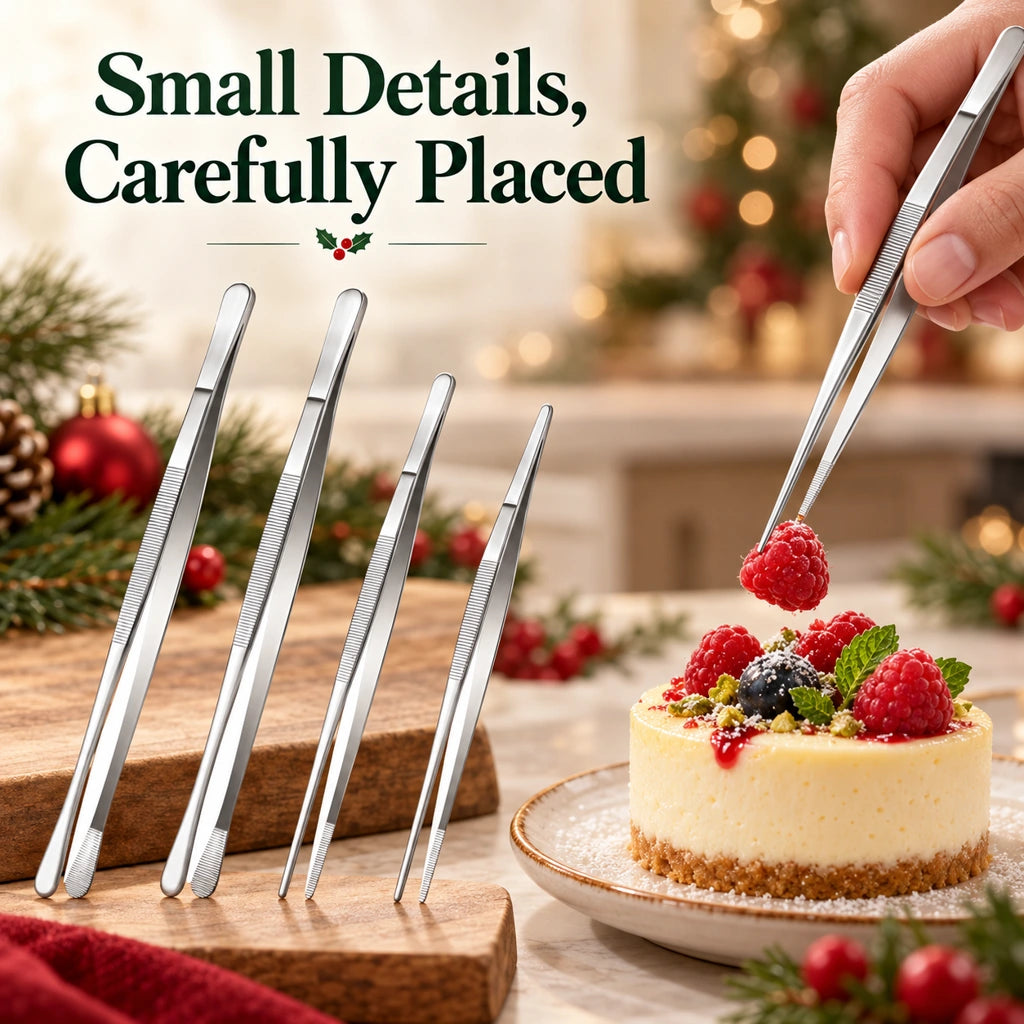🍳4-Piece Stainless Steel Kitchen Tweezer Set – 10″ & 12″ Cooking and Plating Tongs