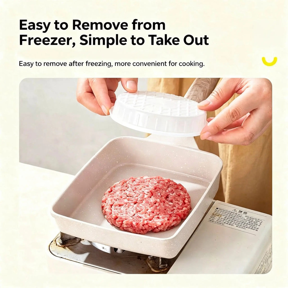 Frozen hamburger patty released from freezer container