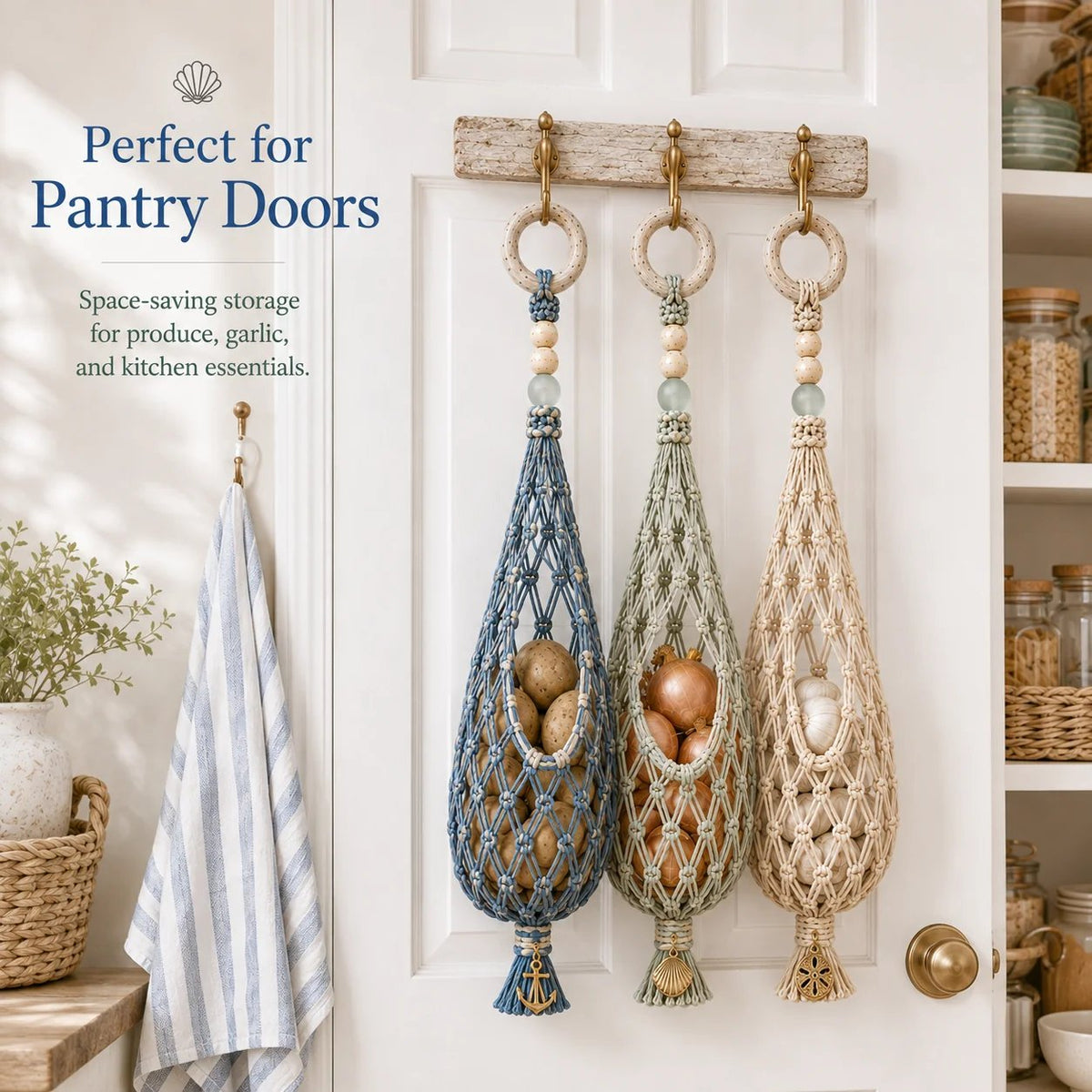 🌊 Boho Coastal Hanging Produce Basket | Handwoven Breathable Fruit & Veggie Organizer 🥔