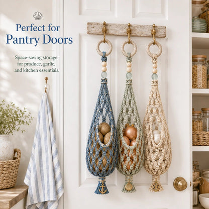 🌊 Boho Coastal Hanging Produce Basket | Handwoven Breathable Fruit & Veggie Organizer 🥔