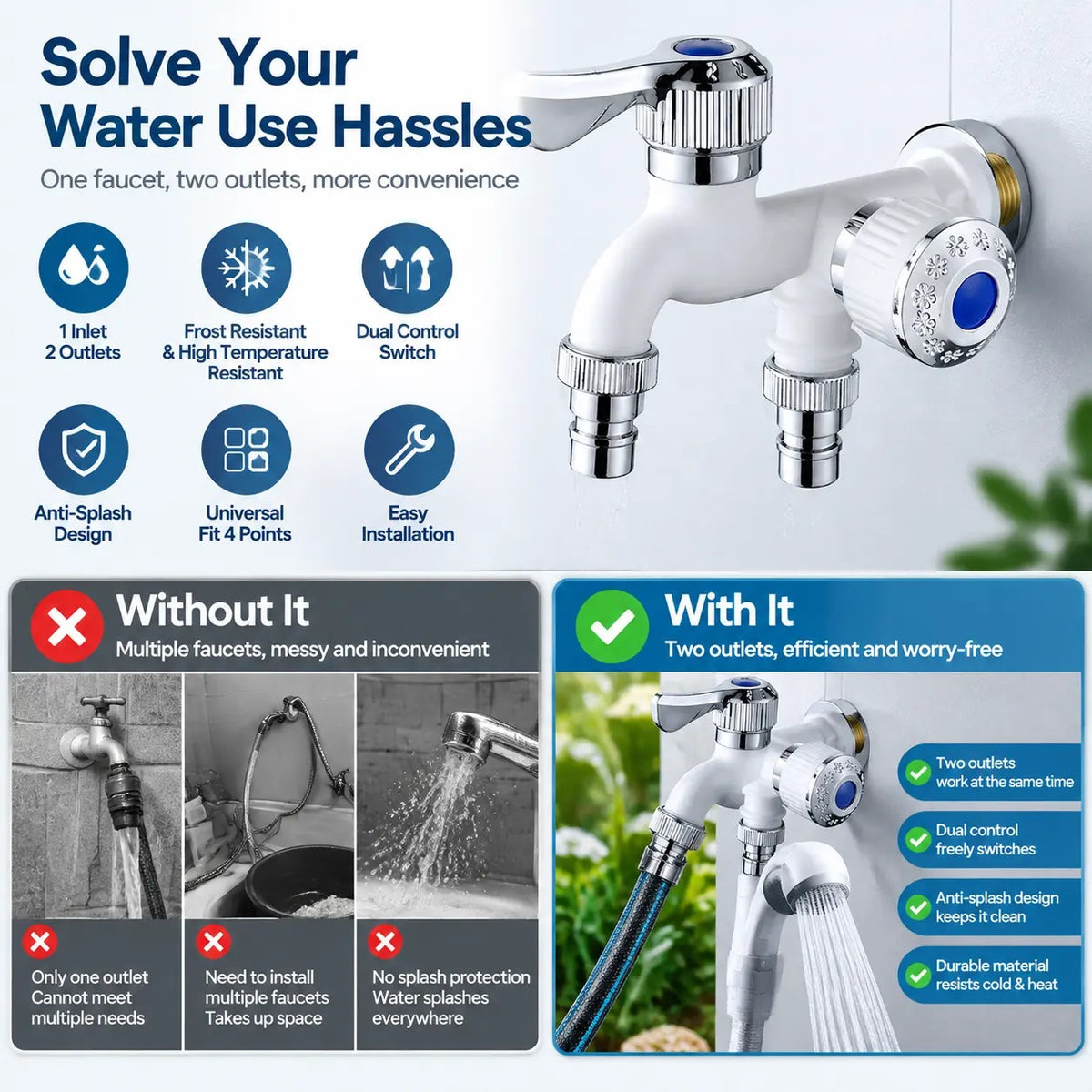 One inlet two outlet utility faucet