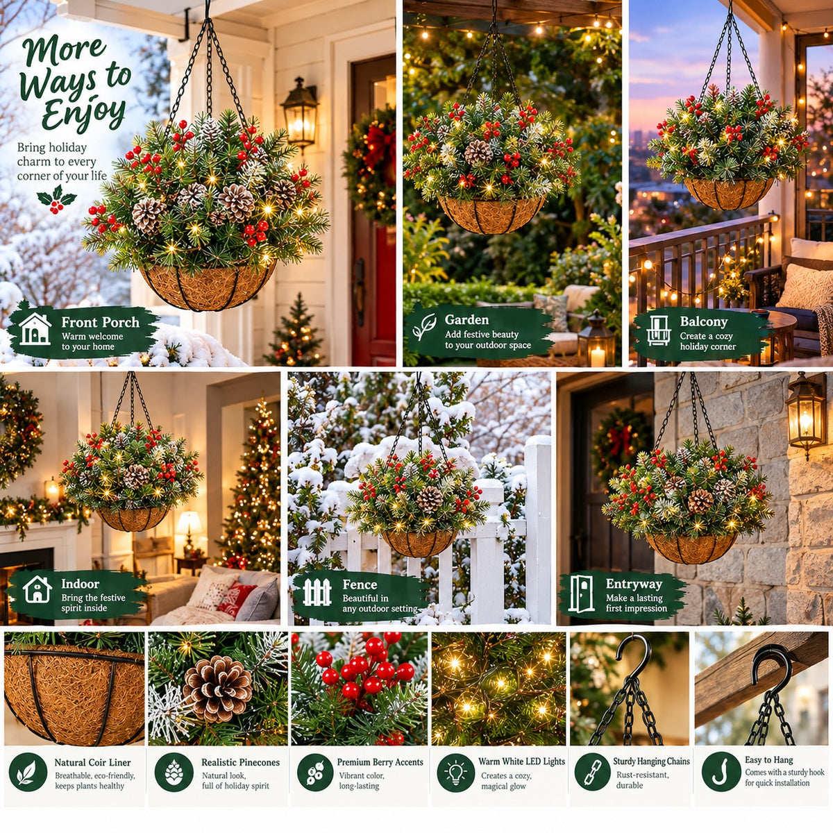 Pre-Lit Christmas Hanging Basket | Artificial Pine & Berry Porch Decor