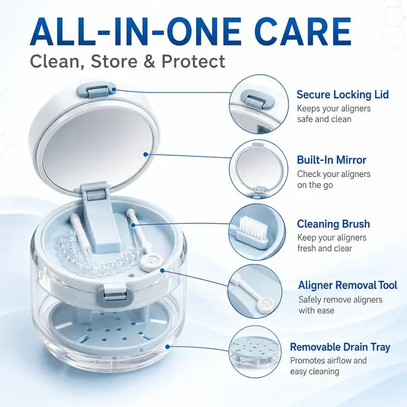 3-in-1 Oral Retainer Cleaner Case Box with Handle Toothbrush Holders