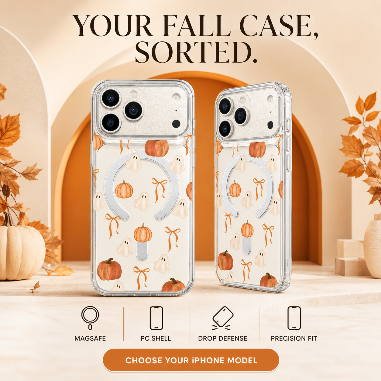 Ghost Pumpkin Orange Bow Watercolor Phone Case,Soft Fall Halloween Pattern