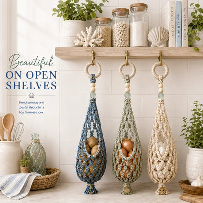 🌊 Boho Coastal Hanging Produce Basket | Handwoven Breathable Fruit & Veggie Organizer 🥔