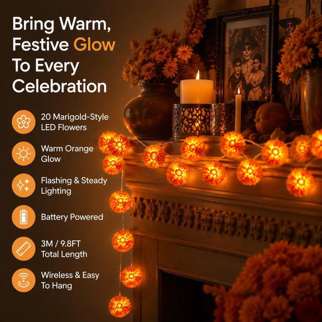 🌼 Illuminate Your Ofrendas with Warmth! Marigold LED Memorial String Lights✨