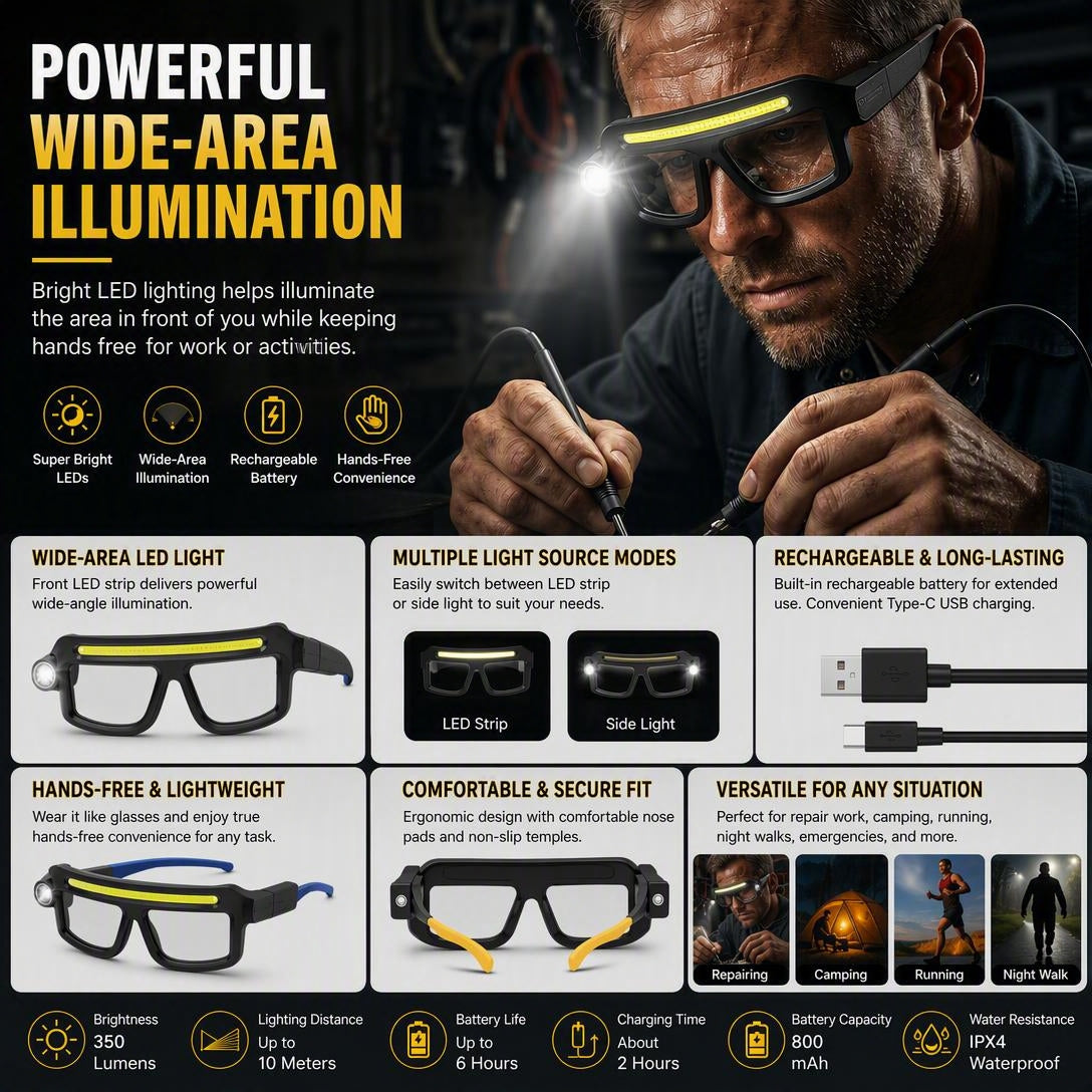Rechargeable Lighted Safety Glasses with LED Headlamp