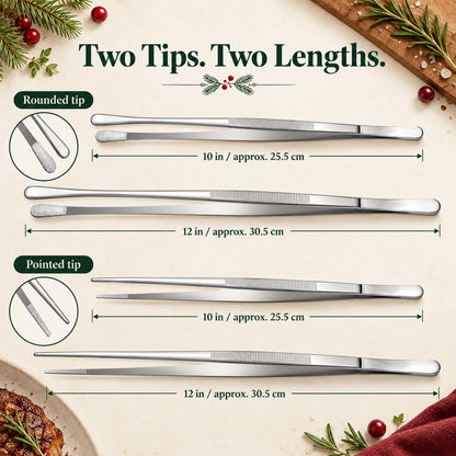 🍳4-Piece Stainless Steel Kitchen Tweezer Set – 10″ & 12″ Cooking and Plating Tongs