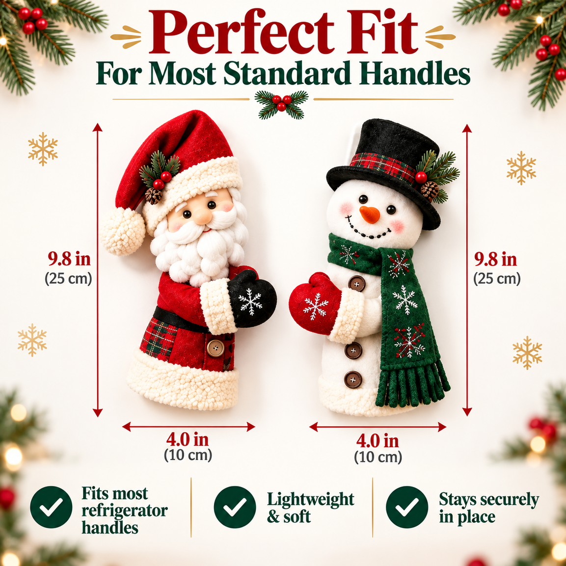 Santa and Snowman Christmas handle huggers measuring 9.8 by 4 inches