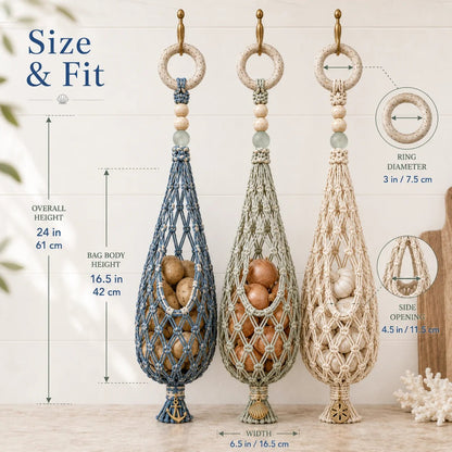 🌊 Boho Coastal Hanging Produce Basket | Handwoven Breathable Fruit & Veggie Organizer 🥔