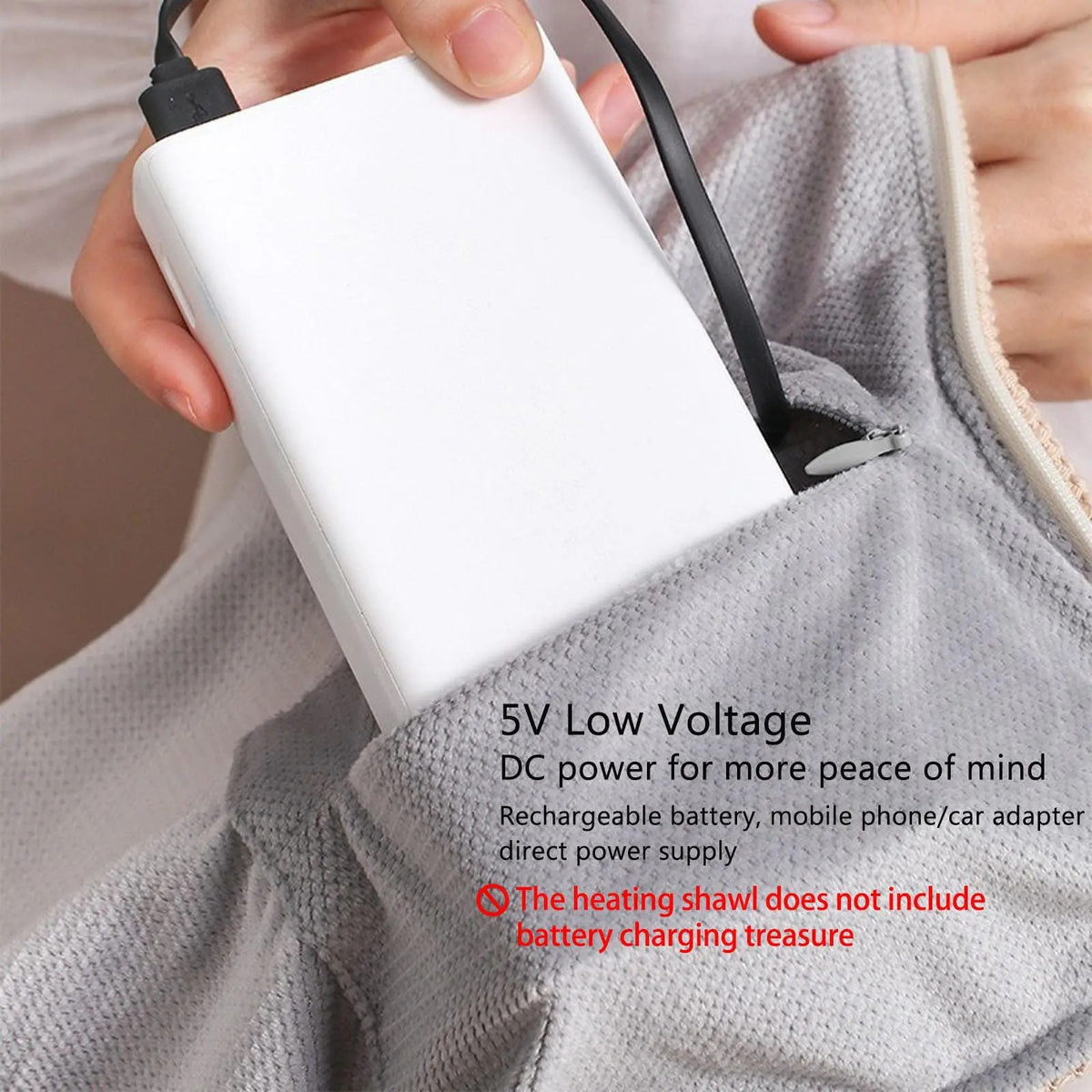 USB powered heated shawl connected to portable power bank