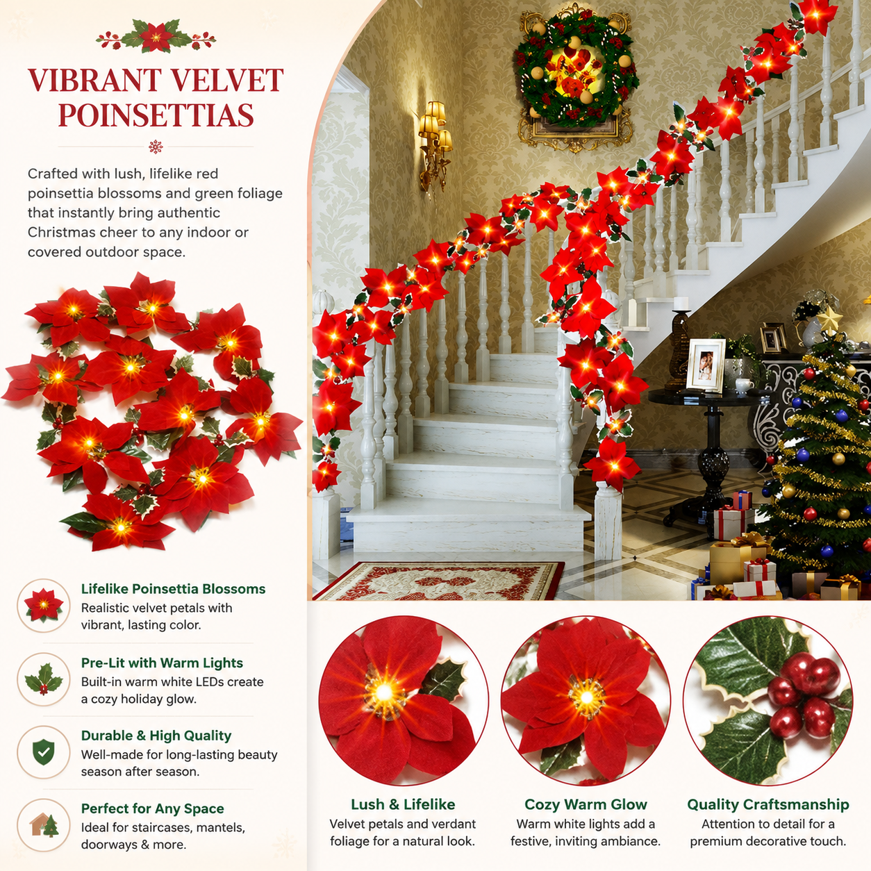 🌹LED Christmas Red and Poinsettia Wreath