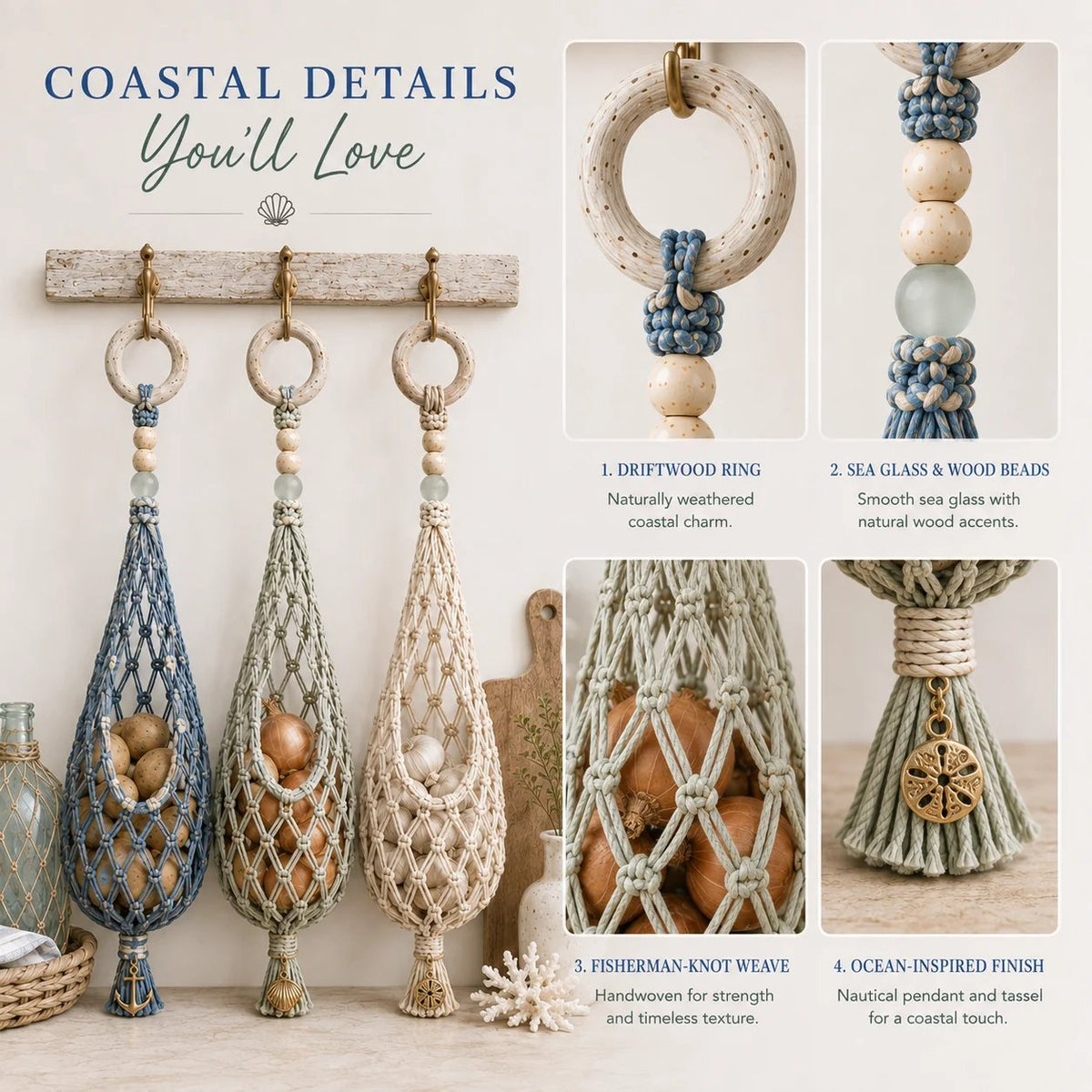 🌊 Boho Coastal Hanging Produce Basket | Handwoven Breathable Fruit & Veggie Organizer 🥔