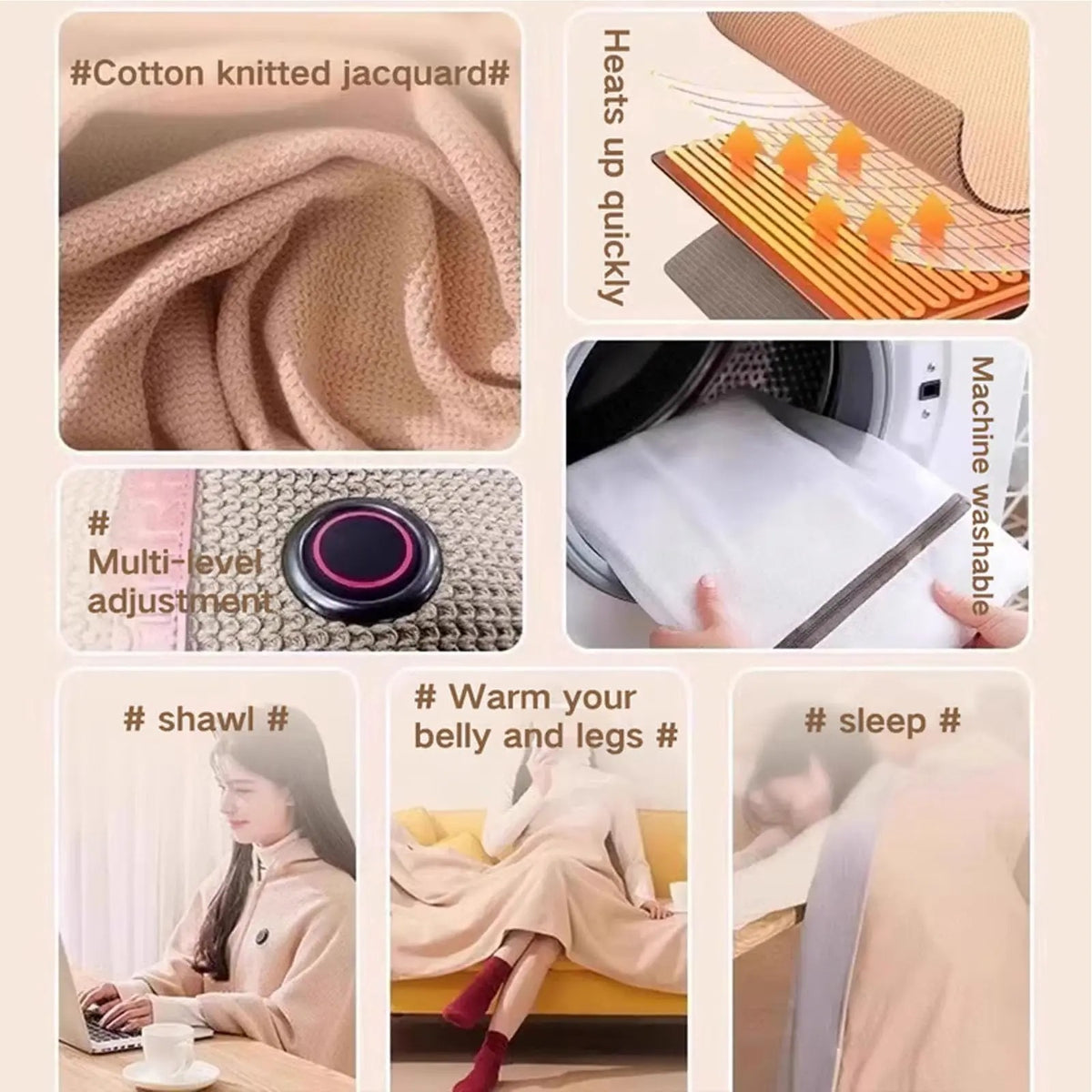 Close-up of knitted heated shawl fabric and heating controls