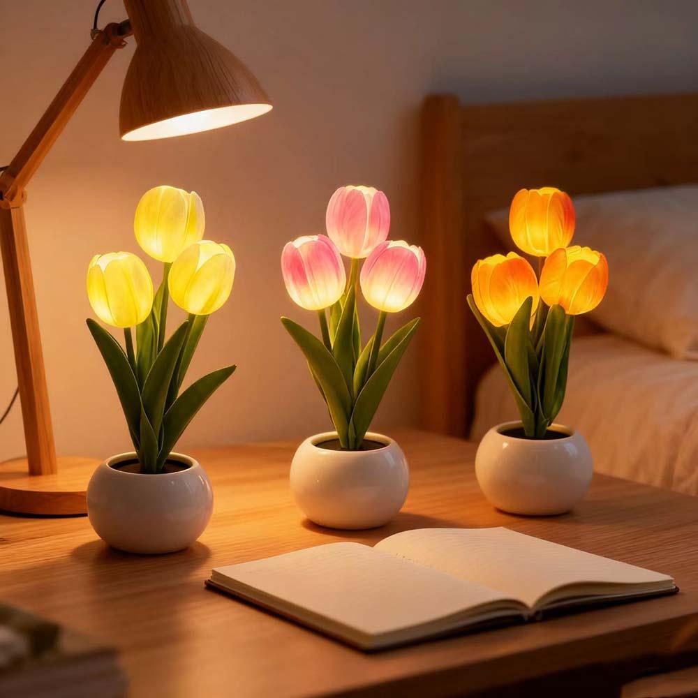🌷LED Dimmable Plastic Tulip Artificial Flower Desk Lamp with Vase