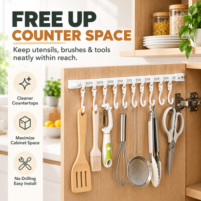 10-Hook Adjustable Multifunctional Slide Rail Adhesive Wall Organiser - Kitchen Utensil Holder