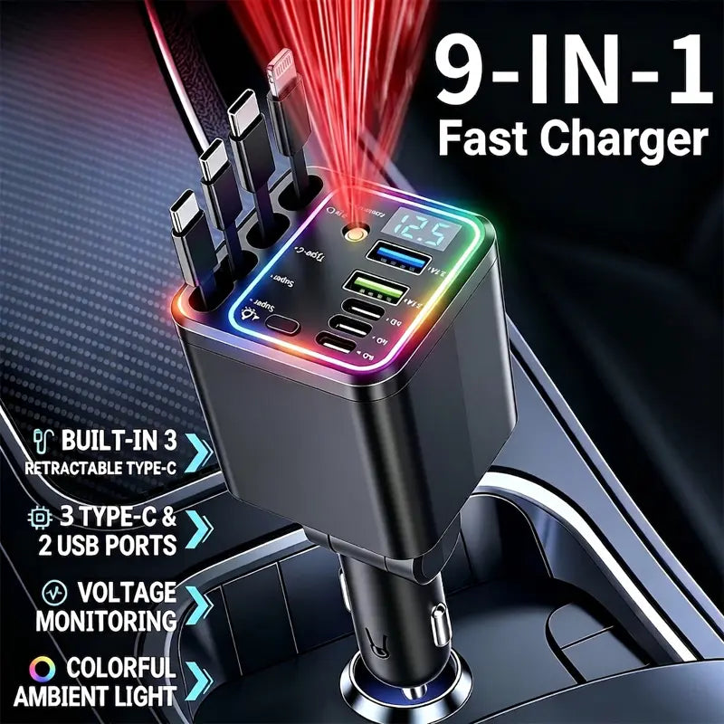 ⚡240W Compact Retractable Car Charger – 9-in-1 Fast Charging Station