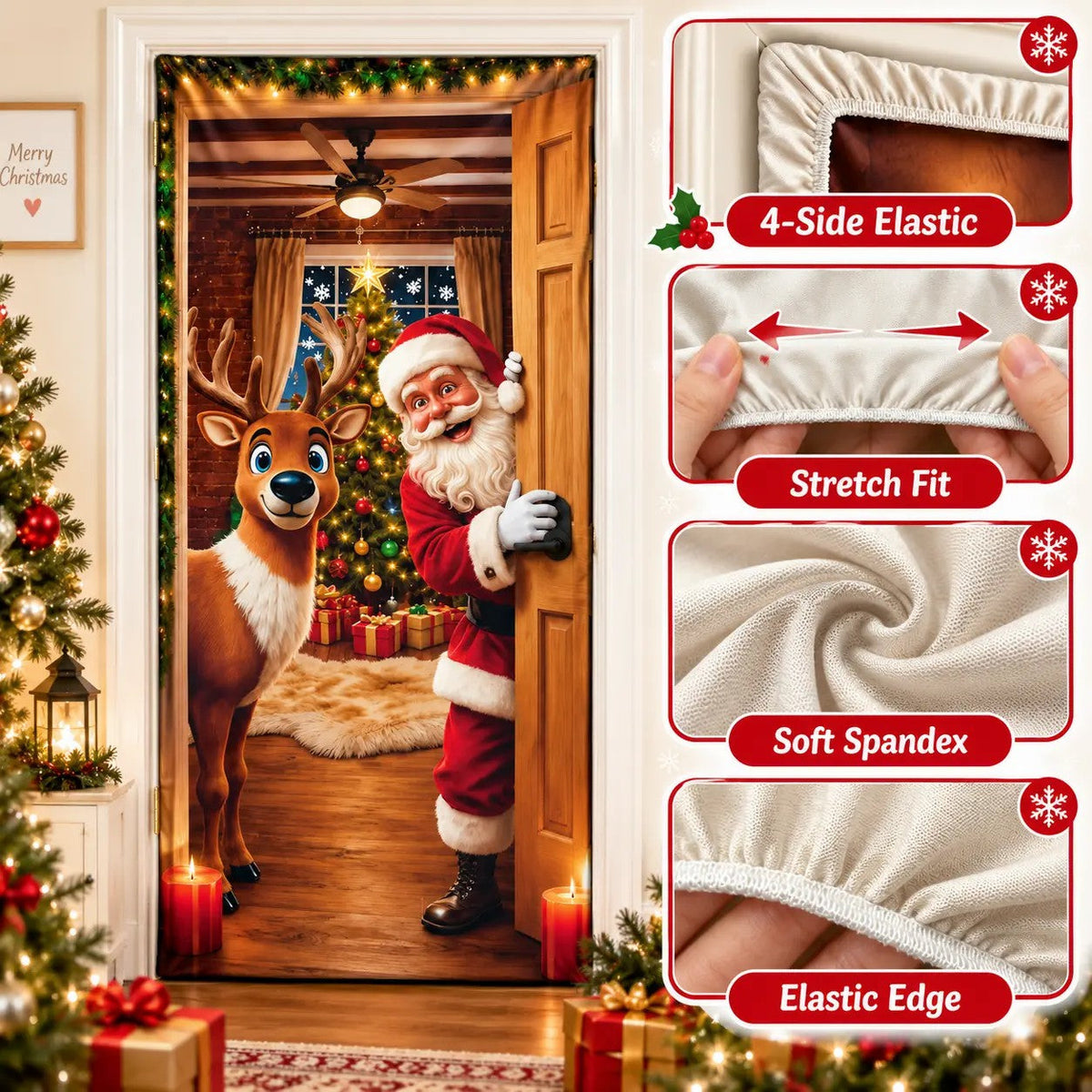 Close up of four side elastic and soft spandex Christmas door cover fabric