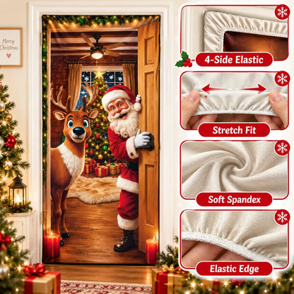 Christmas Door Cover - Stretch Fit Santa & Reindeer Door Decoration