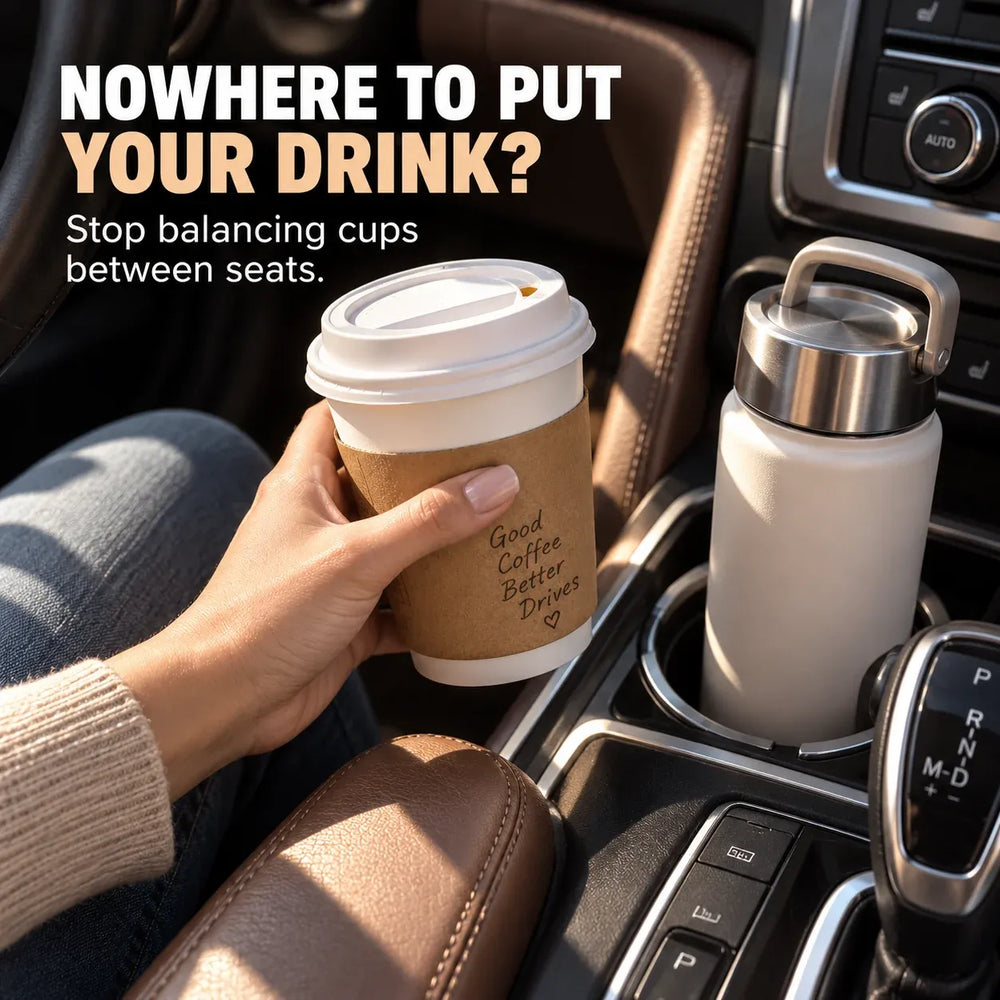 Driver needing additional car cup holder storage