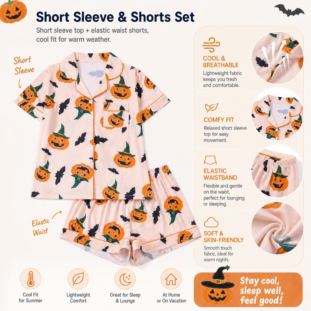 🎃👔Women's Halloween Printed Collar Short-Sleeved Shorts Pajama Set