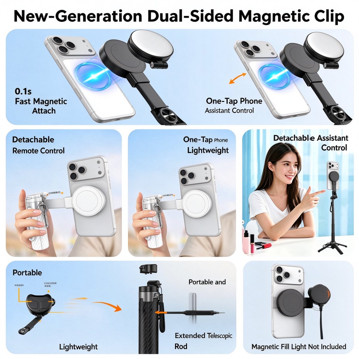 🧲Upgraded magnetic selfie stick – with 360° rotating and adjustable magnetic tripod