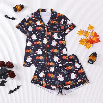 🎃👔Women's Halloween Printed Collar Short-Sleeved Shorts Pajama Set