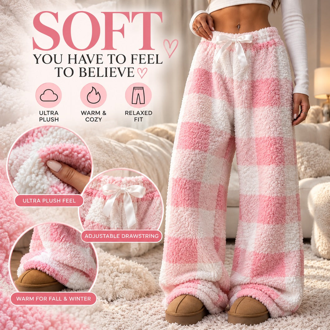 🎀 Cozy Fleece Plaid Lounge Pants | ☕ Soft Wide-Leg Winter Pajamas with Cute Bow Detail ❄️