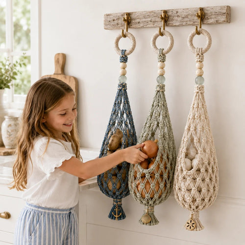 🌊 Boho Coastal Hanging Produce Basket | Handwoven Breathable Fruit & Veggie Organizer 🥔