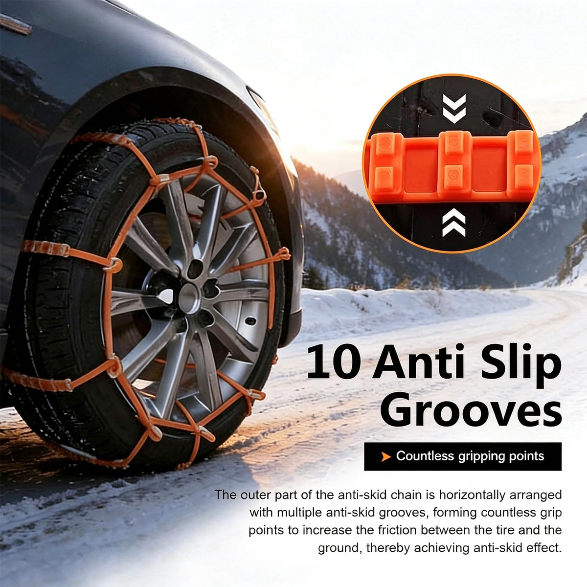 Raised anti-slip grooves creating multiple traction points on a snow-covered tire