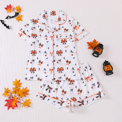 🎃👔Women's Halloween Printed Collar Short-Sleeved Shorts Pajama Set