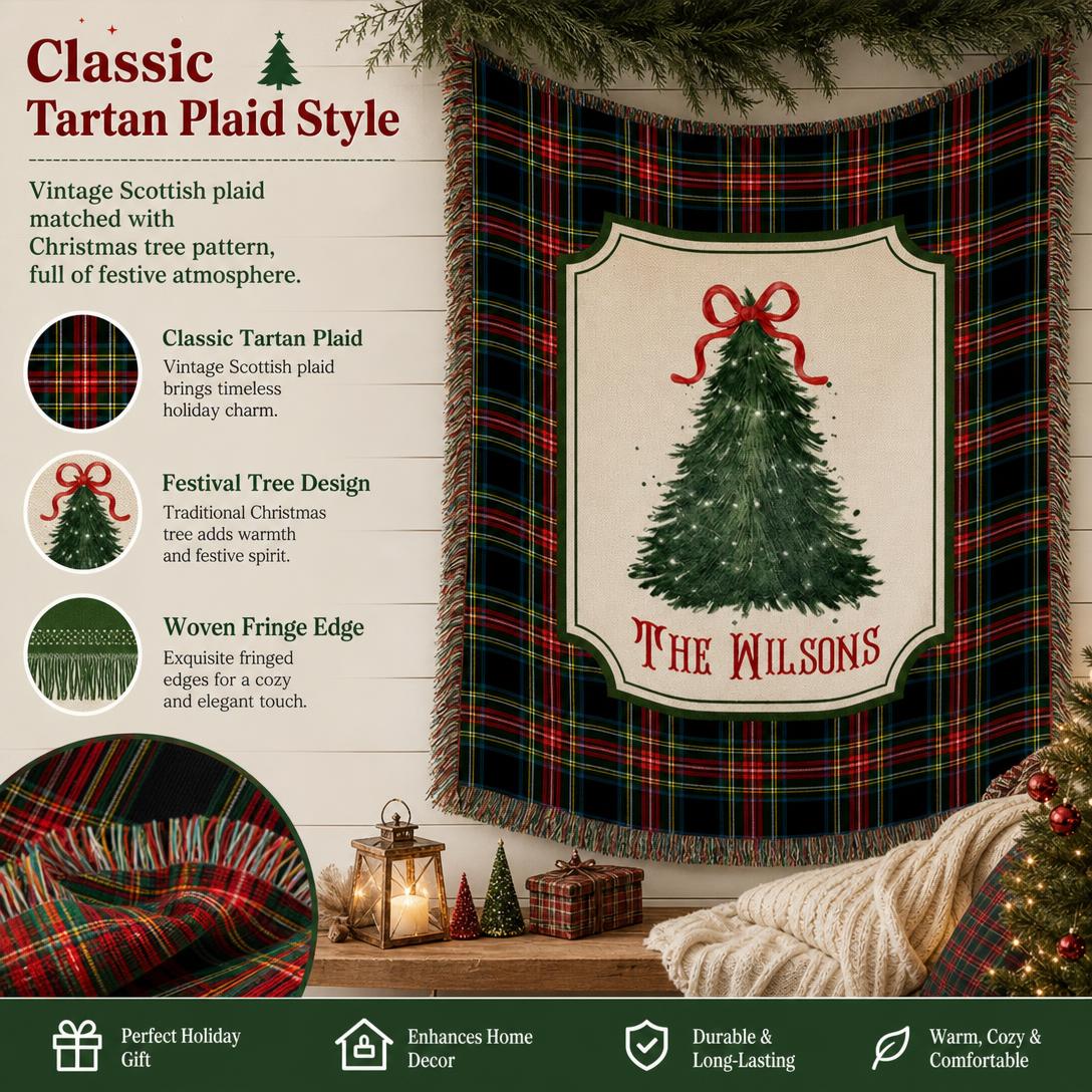 🎄Personalized checkered Christmas tree pattern woven blanket