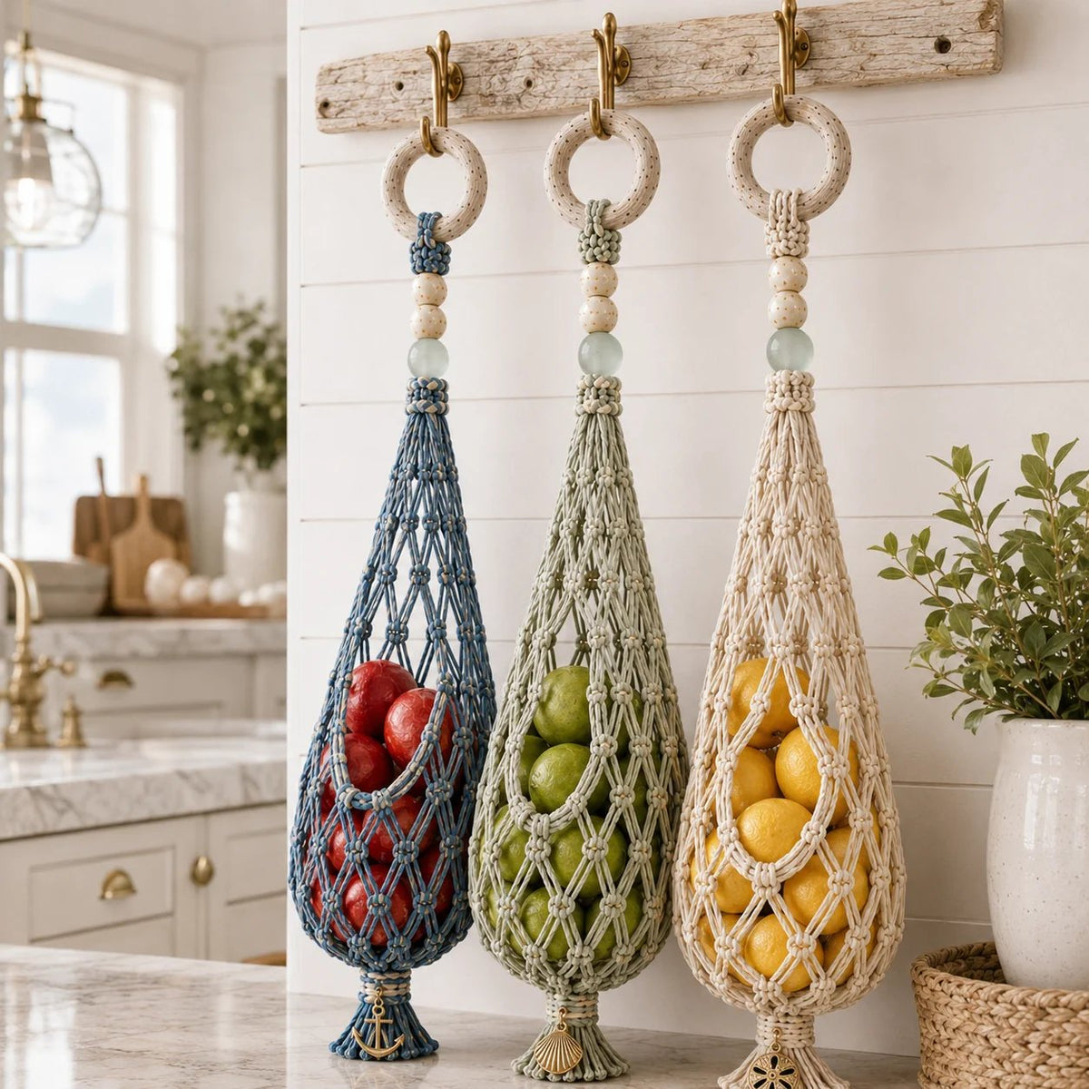 🌊 Boho Coastal Hanging Produce Basket | Handwoven Breathable Fruit & Veggie Organizer 🥔
