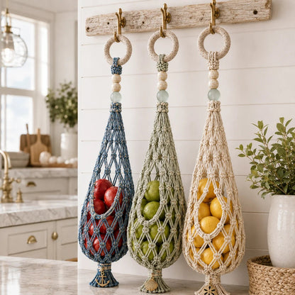 🌊 Boho Coastal Hanging Produce Basket | Handwoven Breathable Fruit & Veggie Organizer 🥔