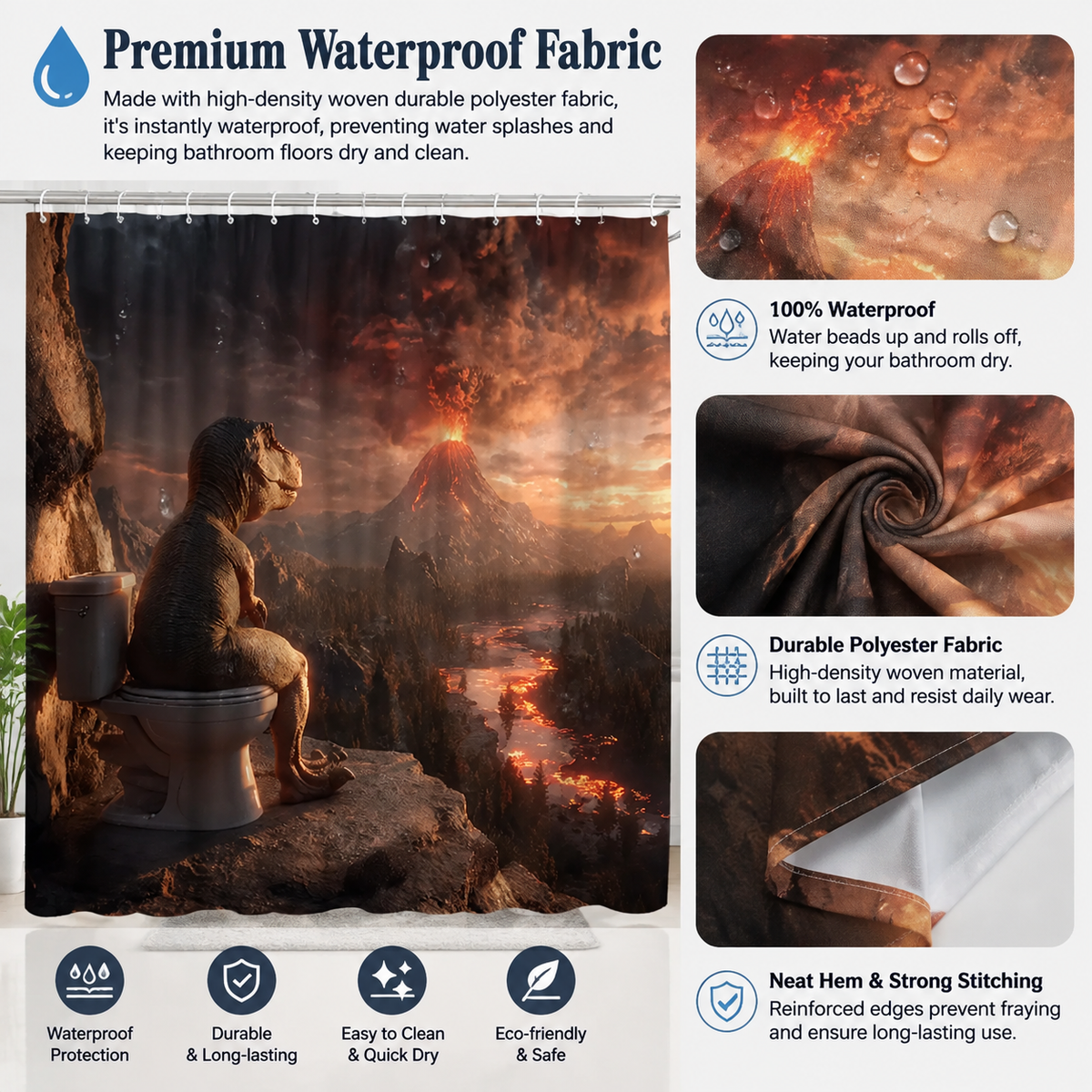 🌋Dinosaur Volcano Waterproof Fabric Shower Curtain