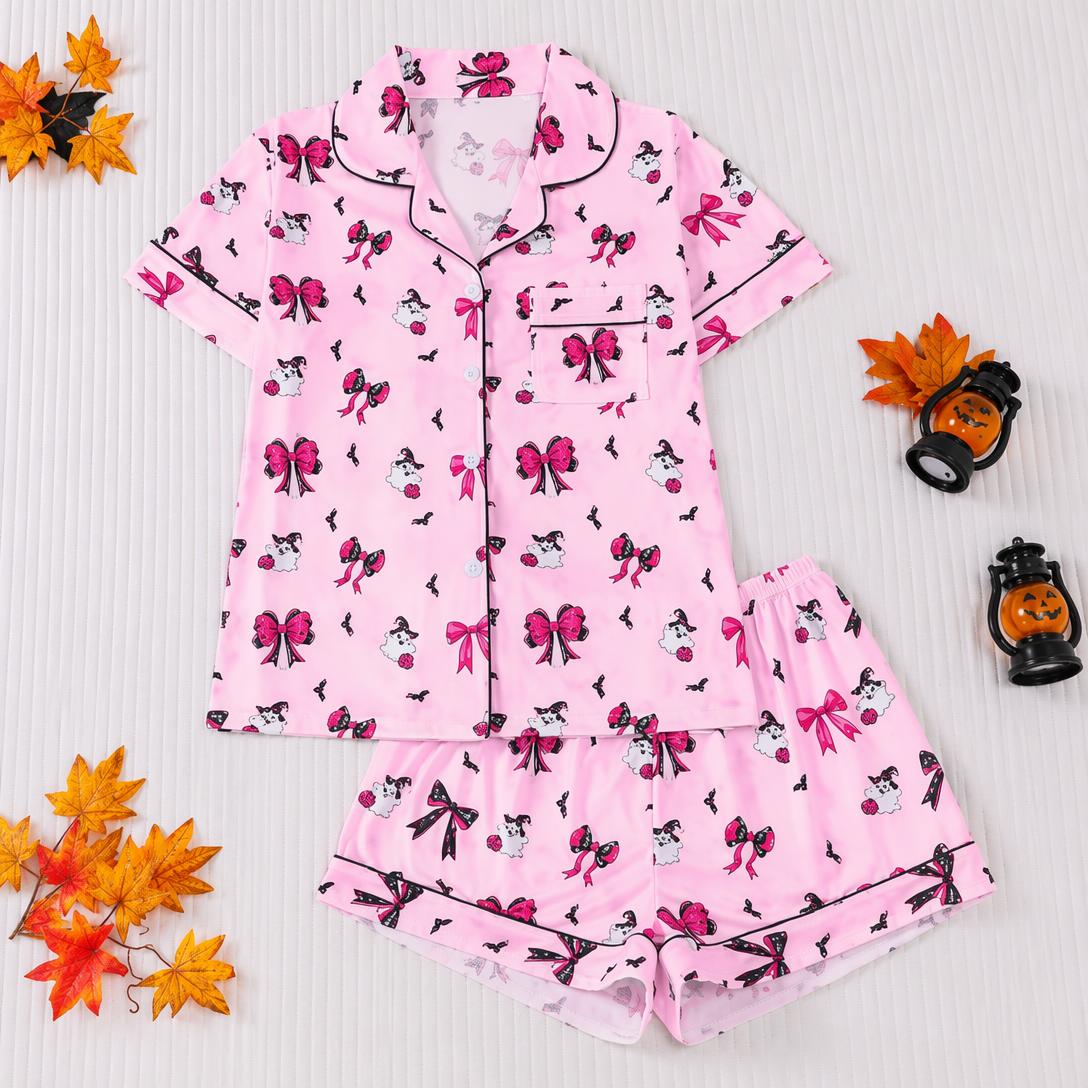 🎃👔Women's Halloween Printed Collar Short-Sleeved Shorts Pajama Set