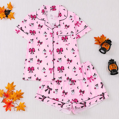 🎃👔Women's Halloween Printed Collar Short-Sleeved Shorts Pajama Set