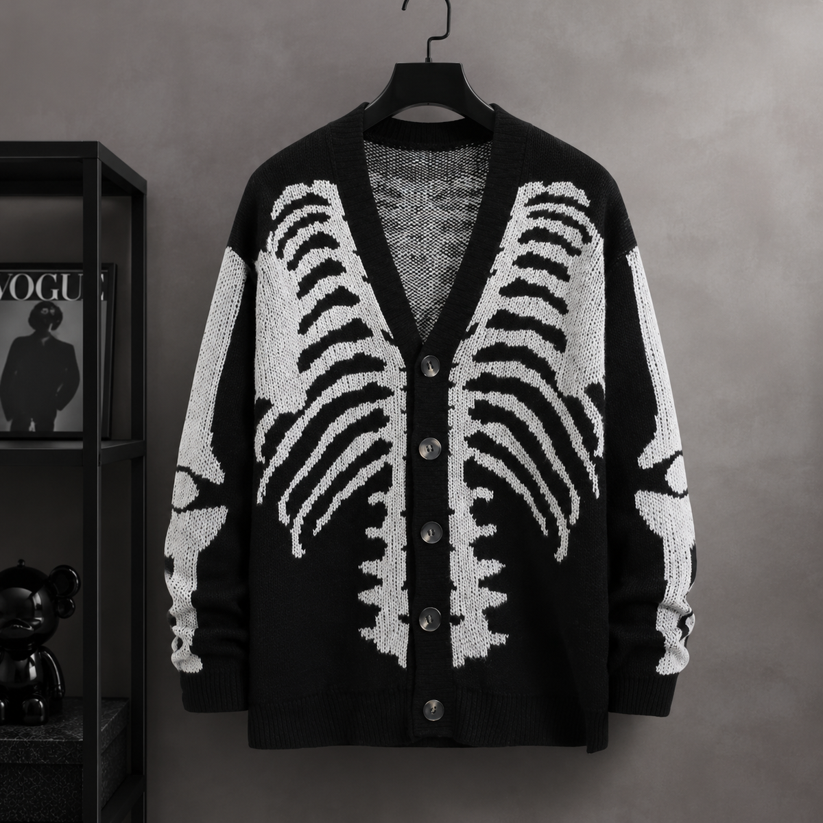 🧥Skull Print Button-Up Sweater