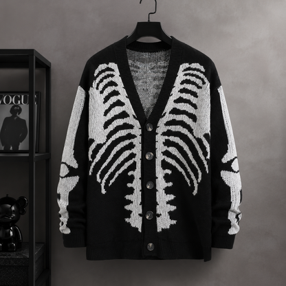 🧥Skull Print Button-Up Sweater