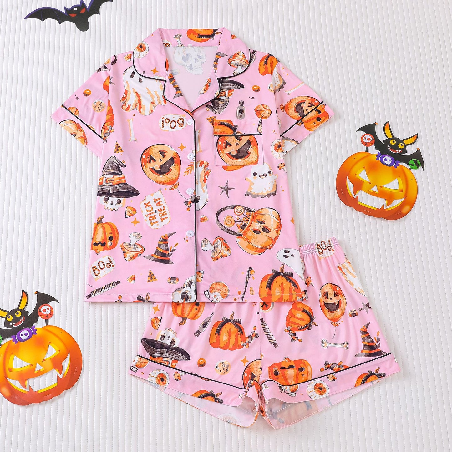 🎃👔Women's Halloween Printed Collar Short-Sleeved Shorts Pajama Set