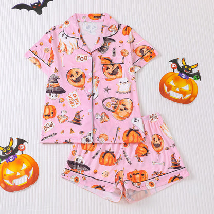 🎃👔Women's Halloween Printed Collar Short-Sleeved Shorts Pajama Set